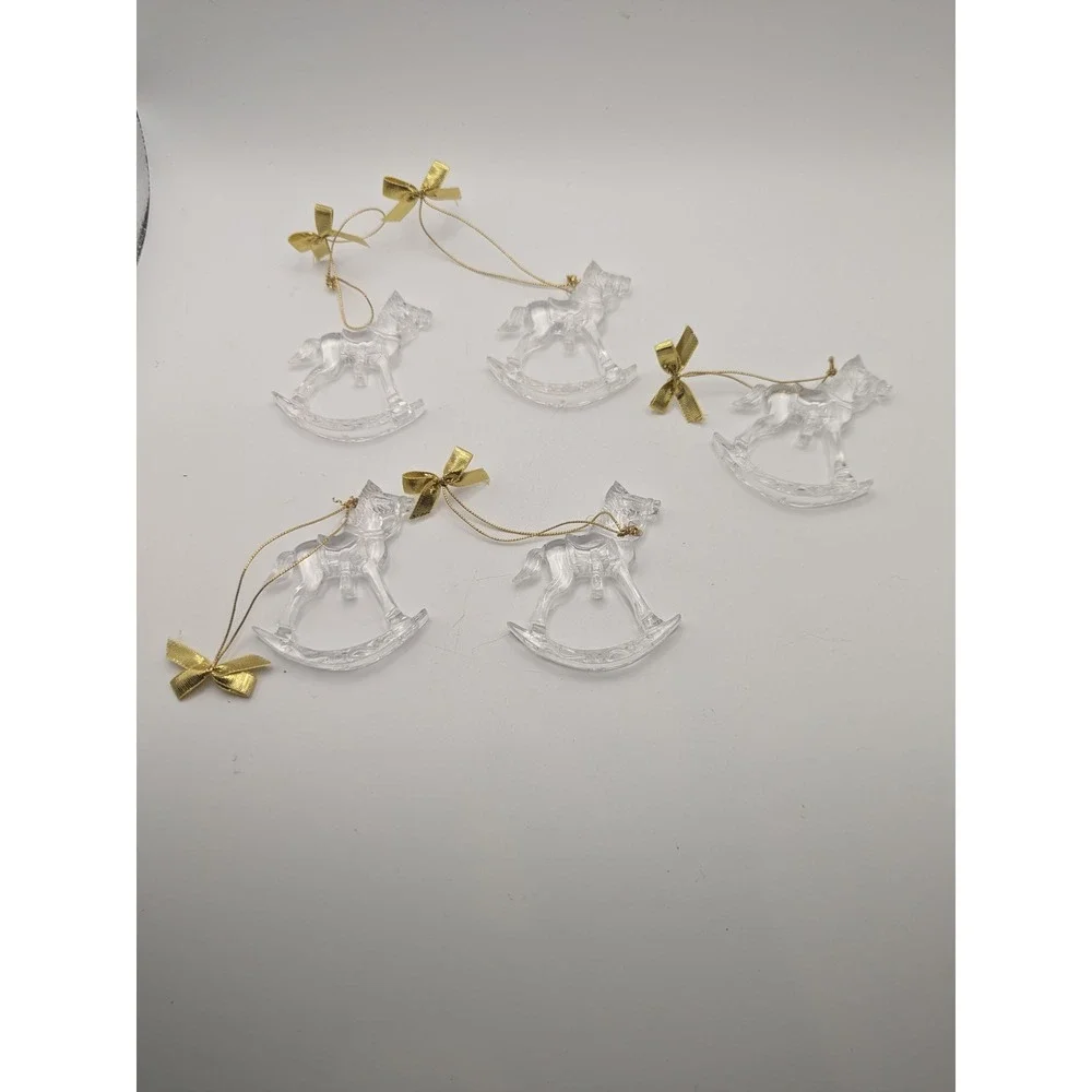 Set of 5 Vtg Avon Clear Acrylic Rocking Horse Christmas Ornaments Gold Bows‎
